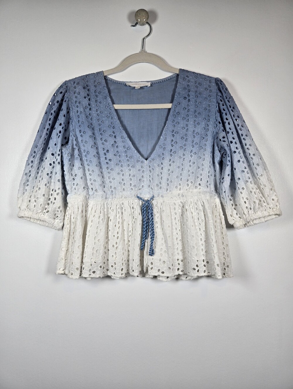 Super Natural Secret Mission Blue White Ombre Eyelet Cotton Peplum Top Small